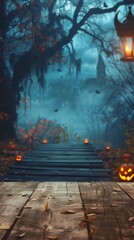 Spooky Halloween Pathway with Lanterns and Pumpkin Decorations