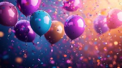 balloons and confetti are flying in the air on a purple background