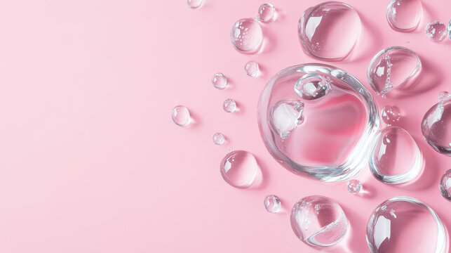 Clear liquid cosmetic gel texture. Dripping jelly cream or serum with collagen, niacinamide or salicylic acid for beauty skincare, border isolated on pink background, vector realistic illustration