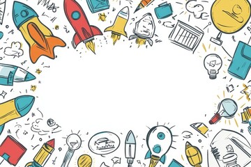 Obraz premium Hand-Drawn Rockets, Lightbulbs, and School Supplies Frame