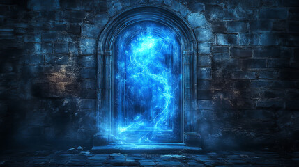 Fototapeta premium Magic portal with stone doorway and blue glow vortex. Cartoon vector illustration set of fantasy game and fairytale door. Wizard teleport in medieval scene. Fantastic entrance to parallel world.