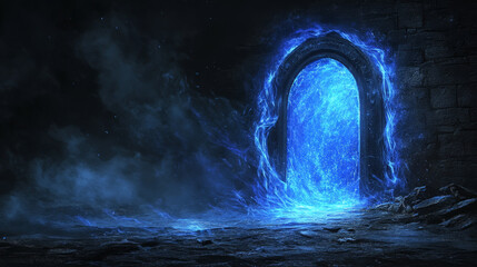 Magic portal with stone doorway and blue glow vortex. Cartoon vector illustration set of fantasy game and fairytale door. Wizard teleport in medieval scene. Fantastic entrance to parallel world.