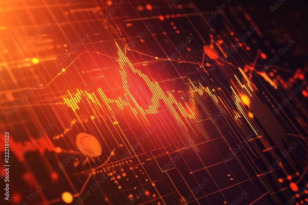 Poster abstract technological background with glowing orange and red data streams and charts