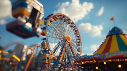 Amusement park, carnival or festive fair cartoon vector illustration. Rollercoaster, circus tent and ferris wheel, elements for children summer fun isolated on white background, announcement frame