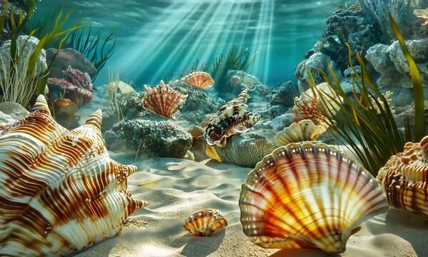 Colorful Seashells on Sandy Ocean Floor Under Sunlight