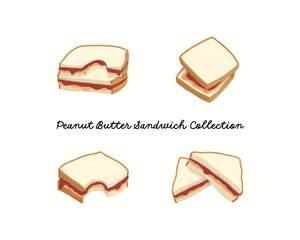 Set food illustration of peanut butter jelly and sandwich on white background