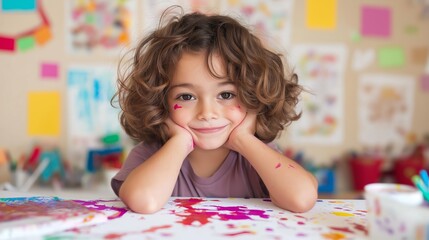 Fototapeta premium Creative Child with Curly Hair in Art Classroom Surrounded by Colorful Paintings