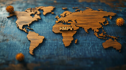 Viral outbreak of Human metapneumovirus or hmpv detailed visualization of the virus structure, Human metapneumovirus HMPV molecular closeup view with world map concept, Close up vibrant virus.