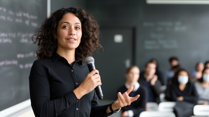 International Ideas Month. A confident woman delivering a presentation to an attentive audience in a classroom setting.