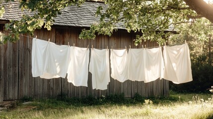 Sunlit scene showing white laundry hung on line near rustic wood