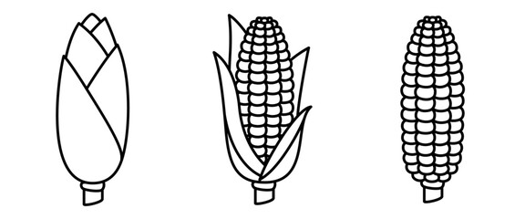 Corn cob vector icon set with husk, peeled and shucked ears. Adjustable stroke weight line illustration. Maize icons with detailed kernels, farm fresh crop harvest, outline, graphic, symbol, design.