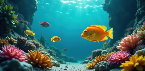 Obraz premium Tropical fish school swimming through seaweed, ocean, tropical, aquatic