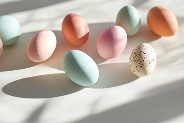 Colorful eggs arranged in line, showcasing pastel shades and uni