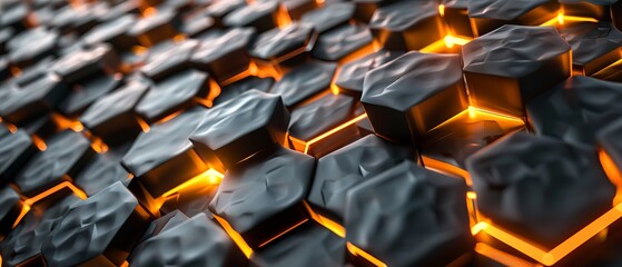 Obraz premium Ultra-wide abstract geometric hexagonal background featuring interwoven carbon fiber hexagons with bright energy light breaking through cracks – 3d rendering