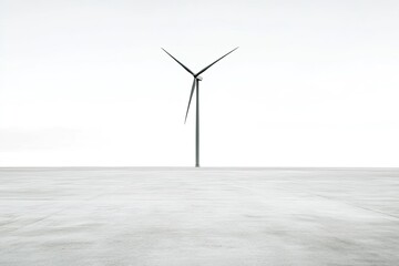 Solitary wind turbine stands against serene, minimalistic ocean