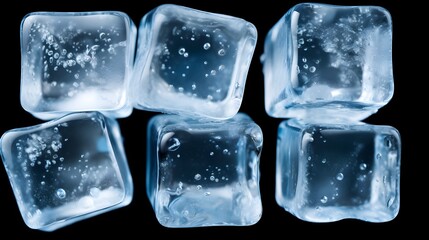 Obraz premium Isolated ice cubes with water droplets resting on a transparent background creating a minimalist and clean visual design The cubes reflect the light giving a glossy and shiny appearance