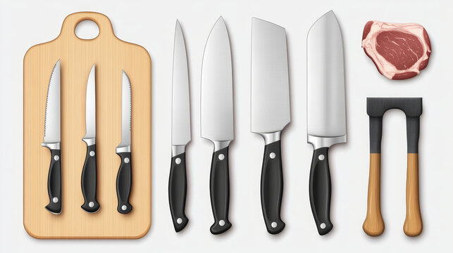 Chef and butcher knives, cutting board and scissors for cooking. Vector realistic set of 3d kitchen tools, metal knives with sharp blades and black handles, axe for meat and wooden plank