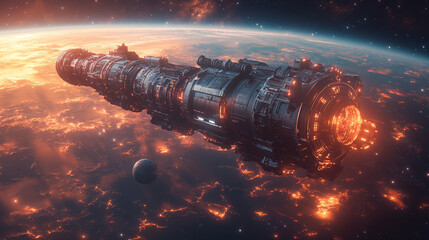 A futuristic space station orbits distant planets in a minimalistic and modern design with a bright tone, creating a sense of space, emptiness, and potential, with room for text and a chaotic touch in