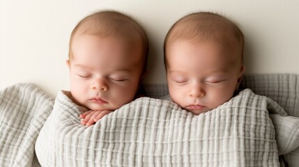 Baby Sleep Day. Peacefully sleeping twin newborns in soft white knitted hats and blankets.