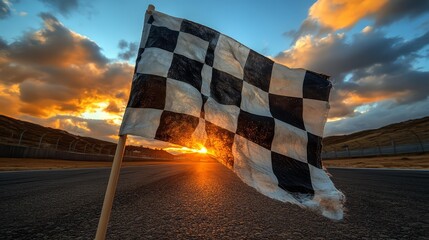 A checkered flag waves at sunset, symbolizing victory and racing excitement.