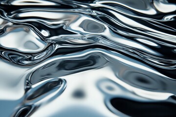 A close-up view reveals a metallic liquid with a smooth and reflective surface. The unique texture showcases dynamic ripples and intricate patterns, emphasizing its mesmerizing qualities