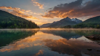 Sunrise over a serene mountain lake