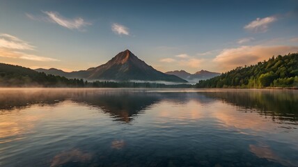 Sunrise over a serene mountain lake
