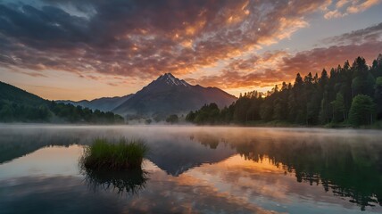 Sunrise over a serene mountain lake