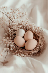 Easter eggs on the plate, nest over table background. pastel colors, flower, celebration. soft light, vertical wallpaper