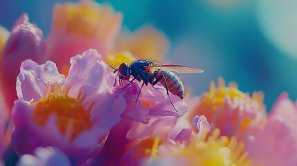 Fototapeta premium Housefly perched on a pink and yellow flower against a black background, showcasing nature's beauty, Perfect for botany or gardening projects.