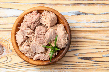 Canned tuna in bowl photography . Top view