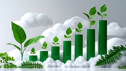 Green Growth and Sustainability:  A conceptual image depicting an upward-trending graph composed of green cylinders, each sprouting a vibrant green plant.