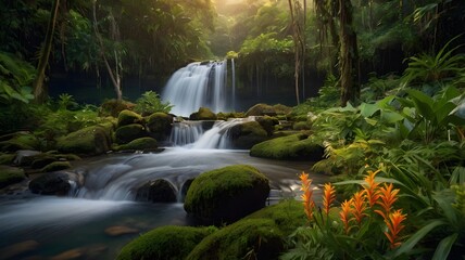 Tropical waterfall surrounded by vibrant wildflowers with long exposure photography