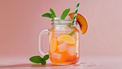 Peach Iced Tea in Mason Jar: A refreshing summer drink - peach iced tea garnished with fresh mint and a peach slice served in a mason jar.  Perfect for a hot day.