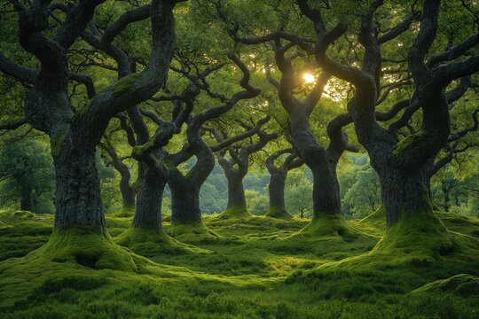 Sunlight filtering through gnarled trees in mossy forest