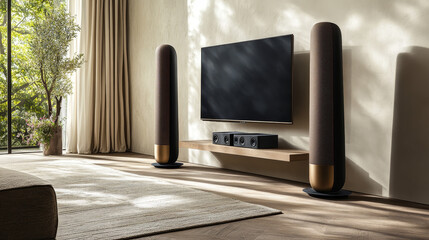 Fototapeta premium Home theater with tv screen and speakers in modern living room. Vector realistic interior with plasma television hanging on wall, sound stereo system and stand on wooden floor