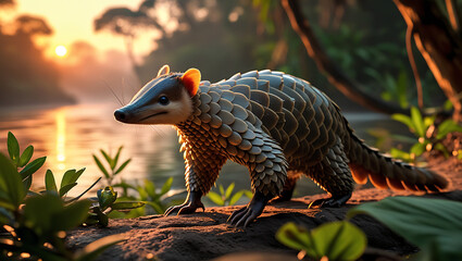 pangolin on its habitat, sunset, mountain, river, wildlife photography, Rare Animal, extinct animals