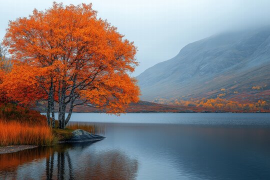 Vibrant orange tree reflecting in calm lake during autumn
