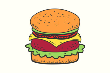 Burger vector illustration, outline, silhouette on white background hamburger icon Burger Cartoon Icon of Colorful Tasty Burger Vector Realistic Hamburger Fast Food 