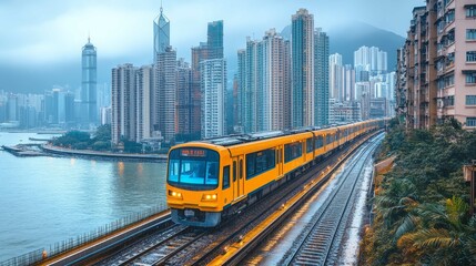 A vibrant yellow train gliding through a modern city skyline by the water.