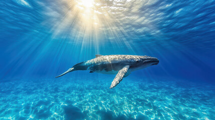 Obraz premium blue whale gliding gracefully through ocean depths, illuminated by sunlight