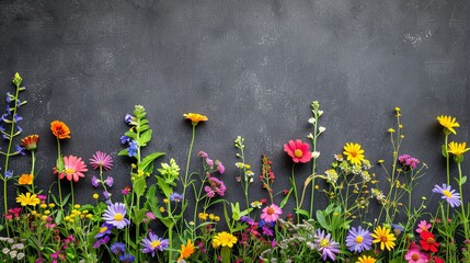 Vibrant american flag surrounded by colorful flowers on a gray background for patriotic events