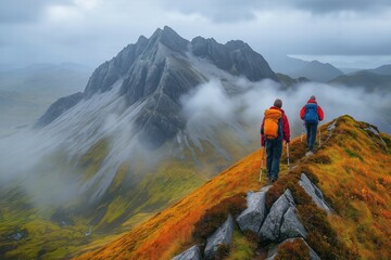 Hikers walking on mountain ridge in the isle of skye, scotland