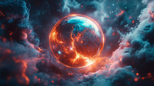 A glowing orb surrounded by vibrant energy streams against a minimalistic bright backdrop with blurred tones, creating an abstract and modern feel, offering a blank space for captions and text
