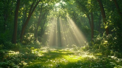 Obraz premium Sunbeams Illuminating a Serene Forest Path