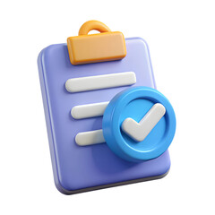 Clipboard with checkmark. 3d rendering isolated on white background. Cartoon plastic style icon