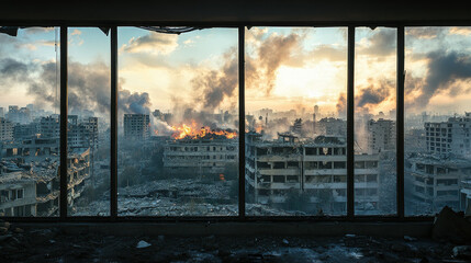 City ruins with broken houses, smoke and fire outside panoramic window. Vector cartoon cityscape with destroyed and burning buildings after war or natural disaster outside curved glass wall