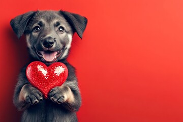 Anatolian shepherd dog - my desired dog. Marketing idea. Cute anatolian shepherd dog pooch with sparkling rhinestones red heart - sign of love, funny greeting card. Friendship with pets.