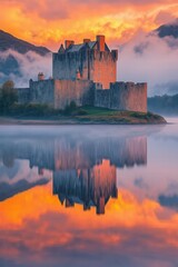 Fototapeta premium Eilean donan castle reflecting on loch duich at sunset with fog and mountains
