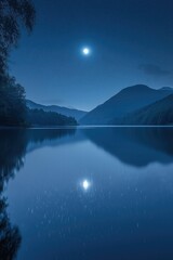 Fototapeta premium Moon shining over calm lake at night with mountain reflections